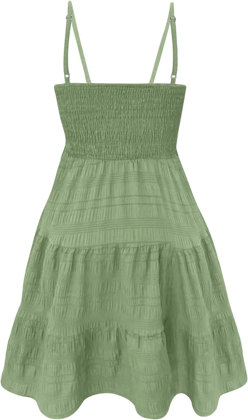Sundresses for Women Smocked Spaghetti Strap Square Neck Mini Babydoll Dress Casual Summer Flowy Tiered Ruffle Dress
