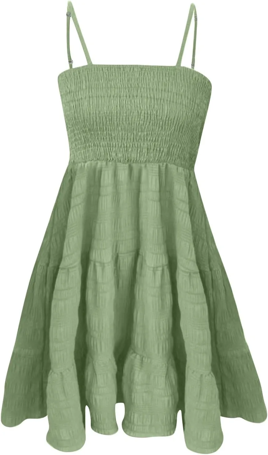 Sundresses for Women Smocked Spaghetti Strap Square Neck Mini Babydoll Dress Casual Summer Flowy Tiered Ruffle Dress