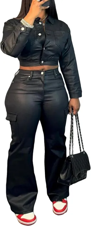 Tbahhir 2 Piece Sexy Leather Outfits for Women Slim Fit Sets Long Sleeve Crop Top and High Waist Flare Pants with Pockets