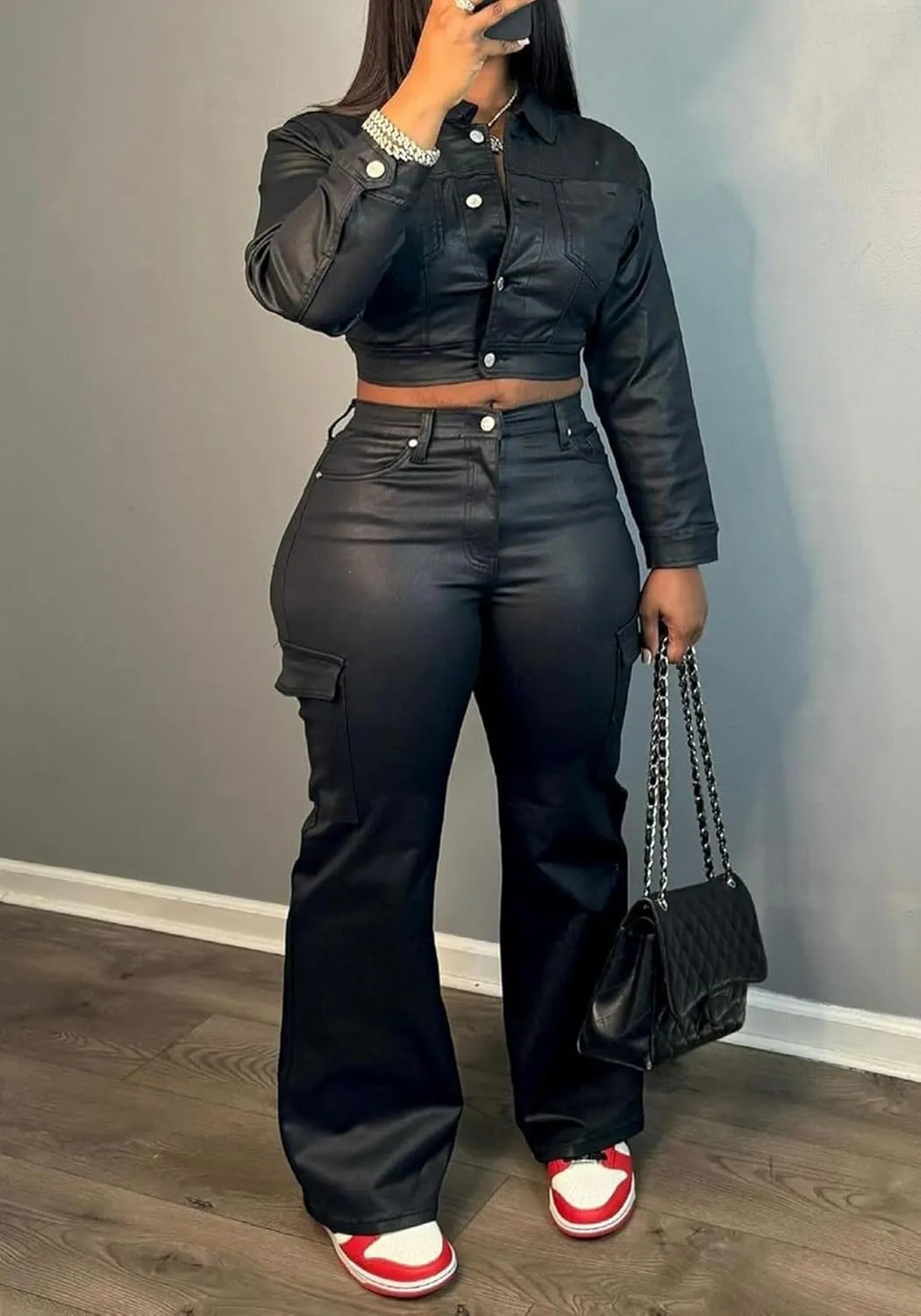 Tbahhir 2 Piece Sexy Leather Outfits for Women Slim Fit Sets Long Sleeve Crop Top and High Waist Flare Pants with Pockets