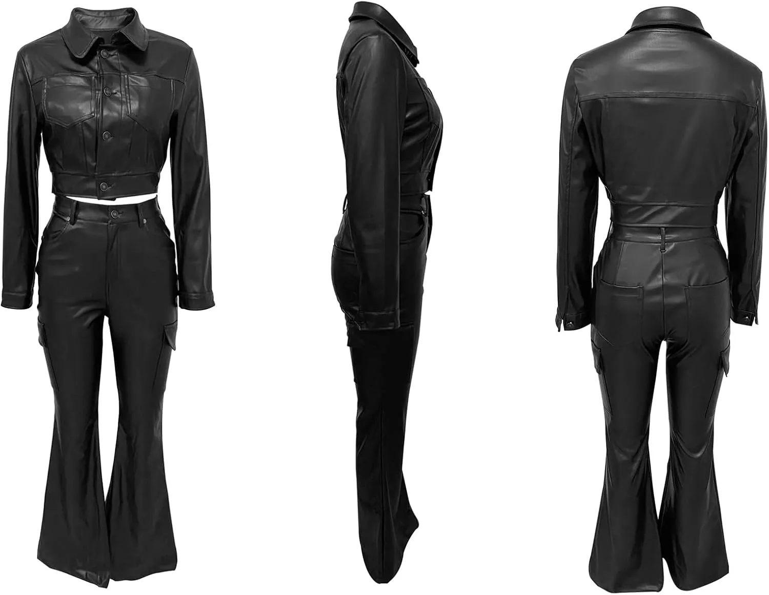 Tbahhir 2 Piece Sexy Leather Outfits for Women Slim Fit Sets Long Sleeve Crop Top and High Waist Flare Pants with Pockets