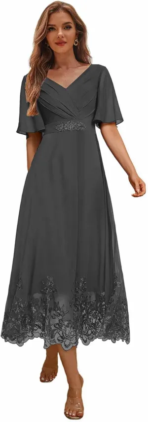 Tea Length Mother of The Bride Dresses for Wedding Lace Beaded Formal Evening Dress with Sleeves