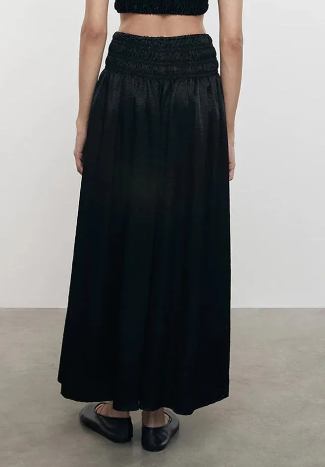 Textured Satin Smocked Skirt in Black