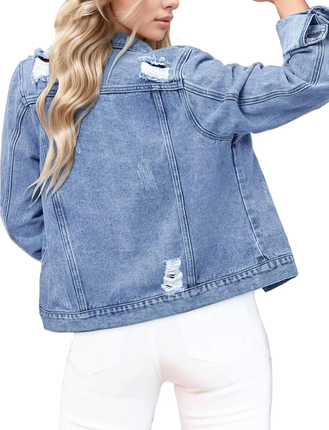 TodTan Jean Jacket Women Distressed Ripped - Casual Long Sleeve Fall Denim Jacket Coat
