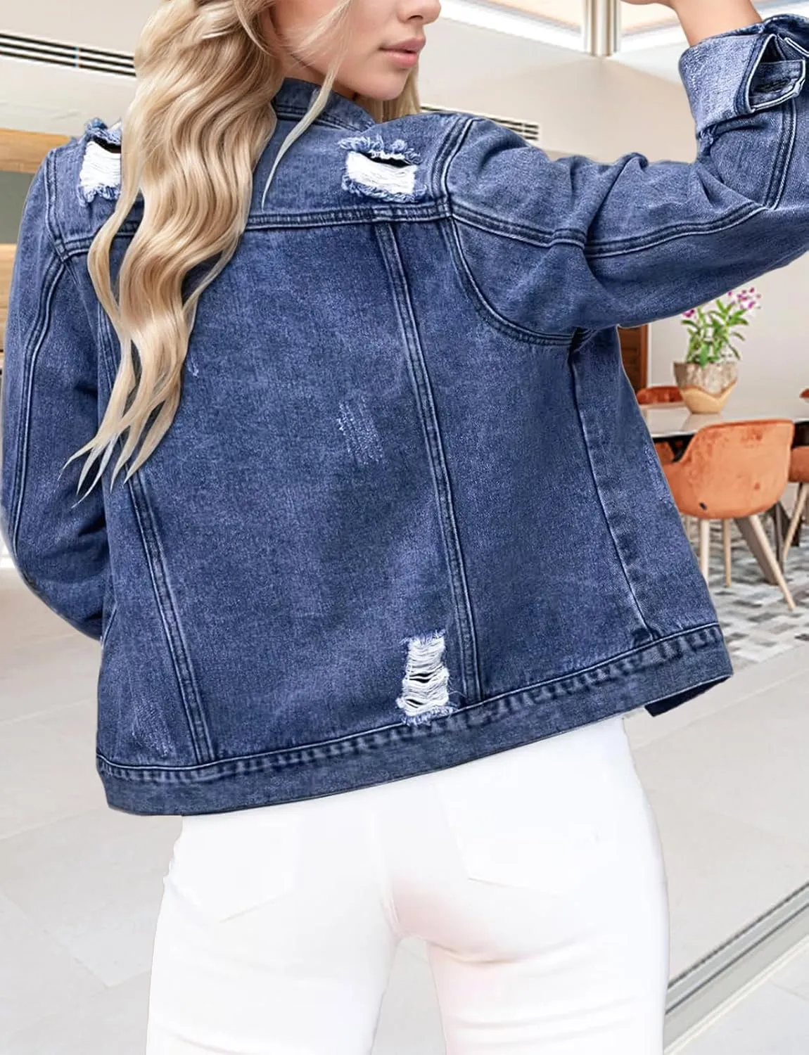 TodTan Jean Jacket Women Distressed Ripped - Casual Long Sleeve Fall Denim Jacket Coat