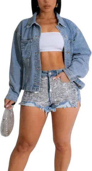TodTan Jean Jacket Women Distressed Ripped - Casual Long Sleeve Fall Denim Jacket Coat