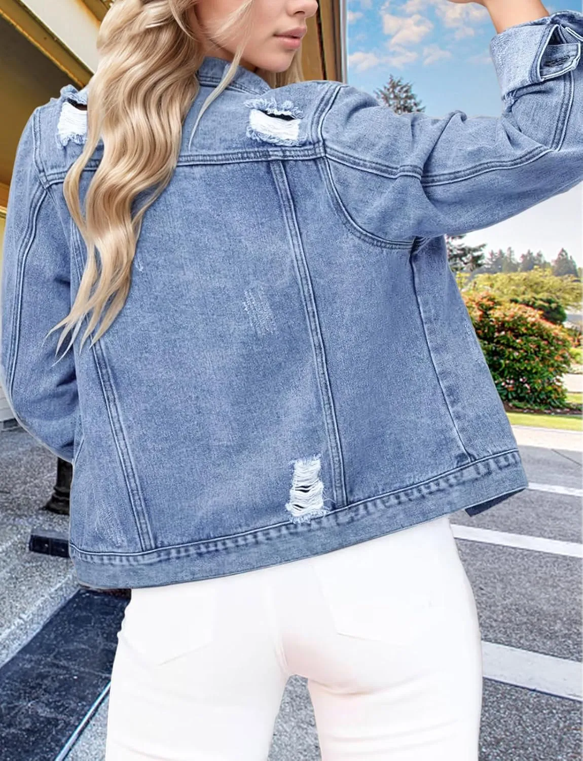 TodTan Jean Jacket Women Distressed Ripped - Casual Long Sleeve Fall Denim Jacket Coat
