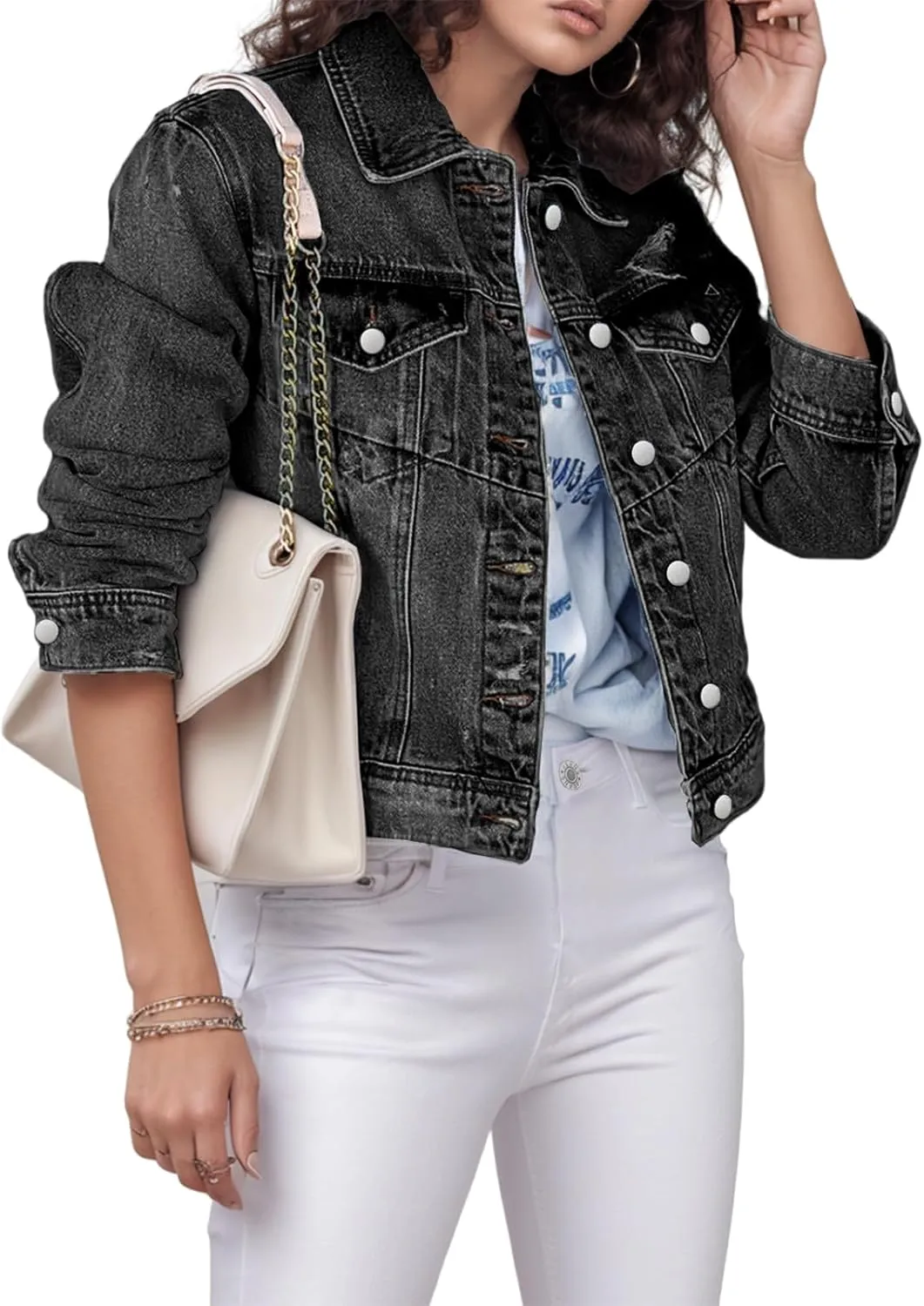 TodTan Jean Jacket Women Distressed Ripped - Casual Long Sleeve Fall Denim Jacket Coat