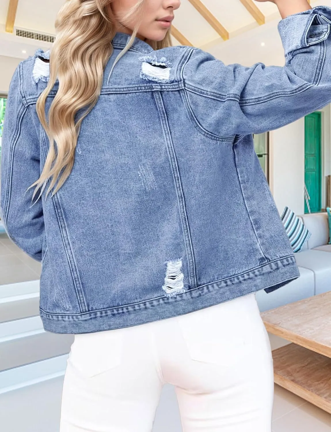 TodTan Jean Jacket Women Distressed Ripped - Casual Long Sleeve Fall Denim Jacket Coat