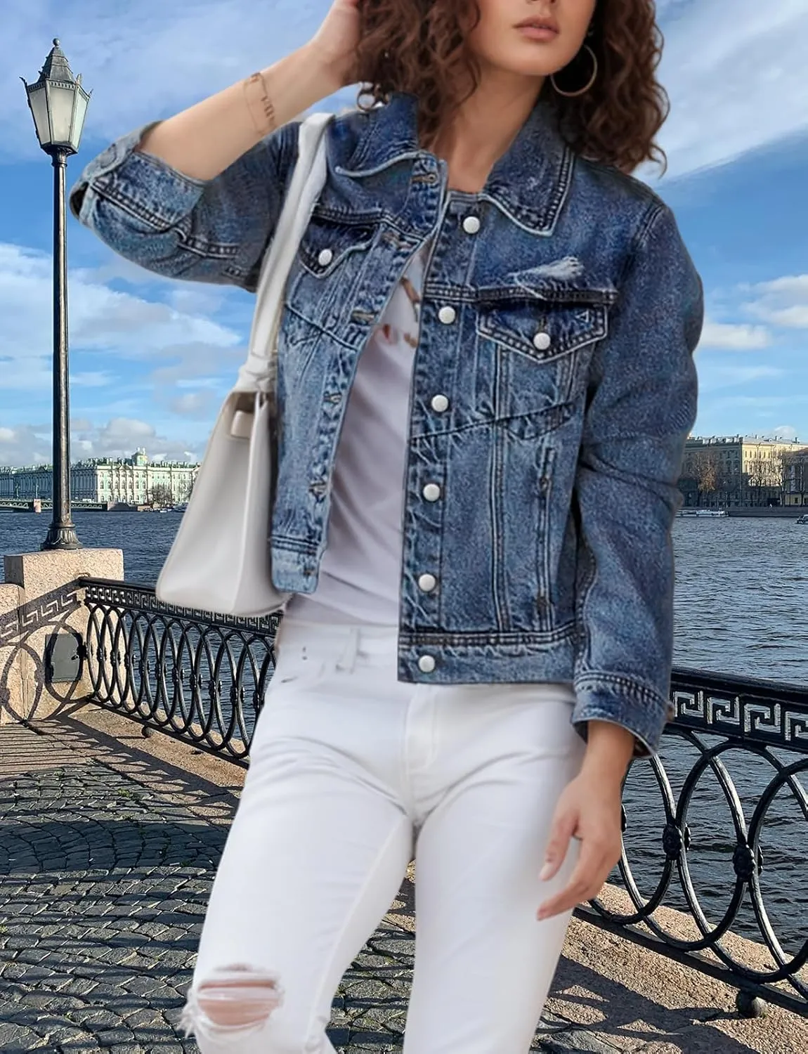 TodTan Jean Jacket Women Distressed Ripped - Casual Long Sleeve Fall Denim Jacket Coat