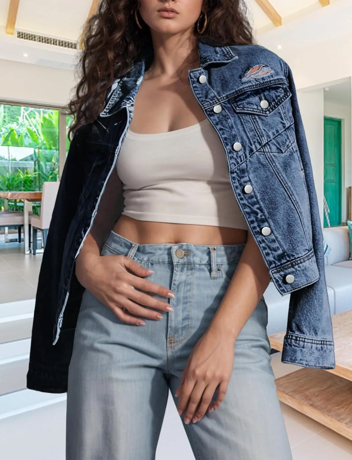 TodTan Jean Jacket Women Distressed Ripped - Casual Long Sleeve Fall Denim Jacket Coat