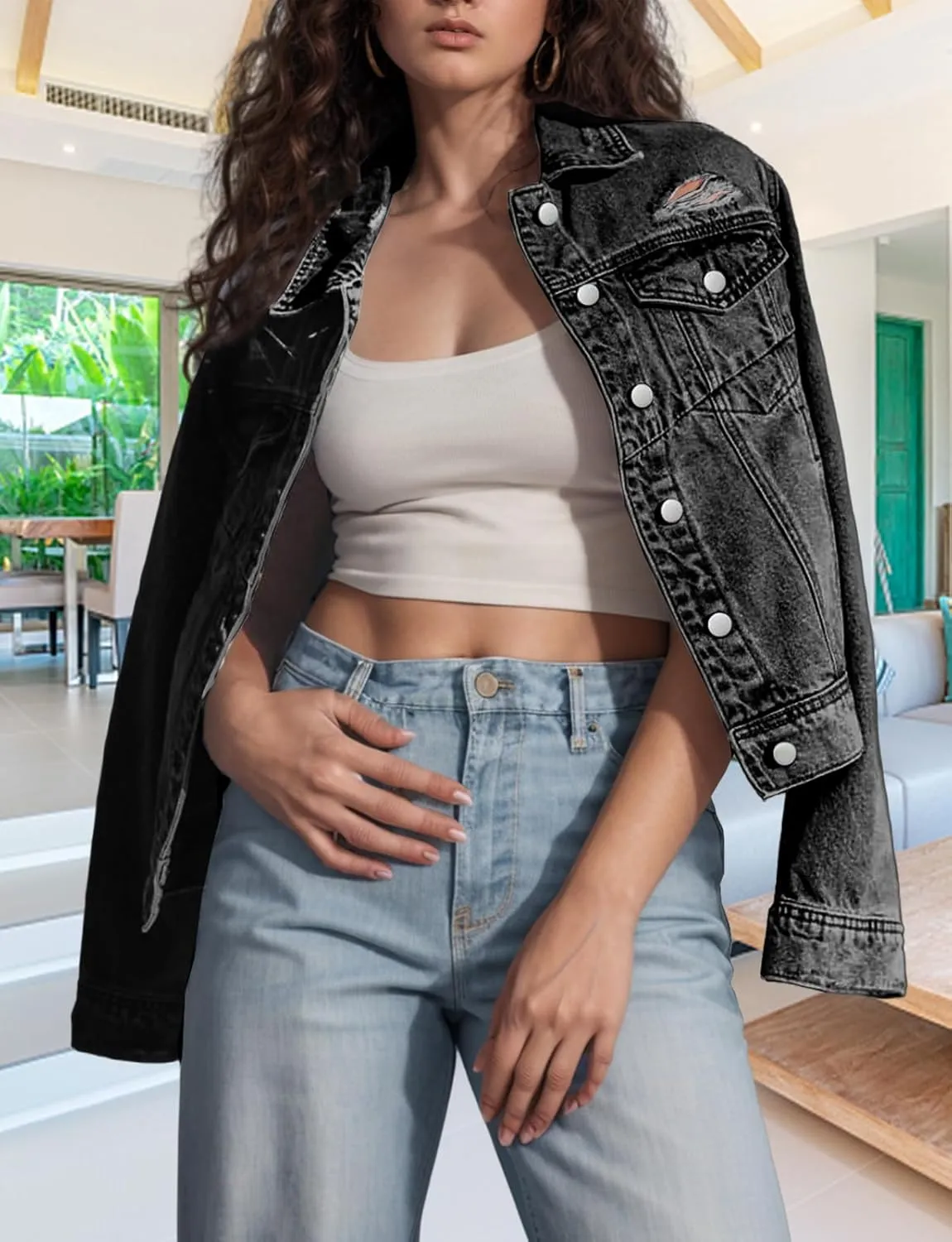 TodTan Jean Jacket Women Distressed Ripped - Casual Long Sleeve Fall Denim Jacket Coat