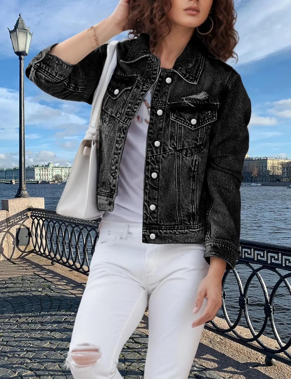 TodTan Jean Jacket Women Distressed Ripped - Casual Long Sleeve Fall Denim Jacket Coat