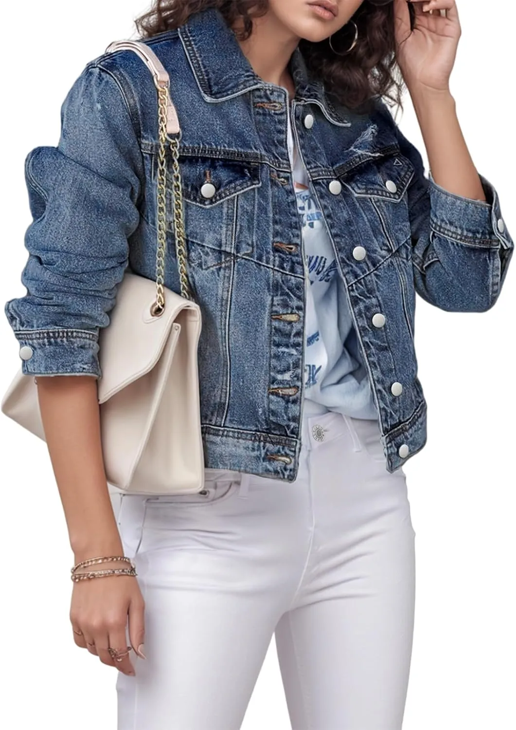 TodTan Jean Jacket Women Distressed Ripped - Casual Long Sleeve Fall Denim Jacket Coat