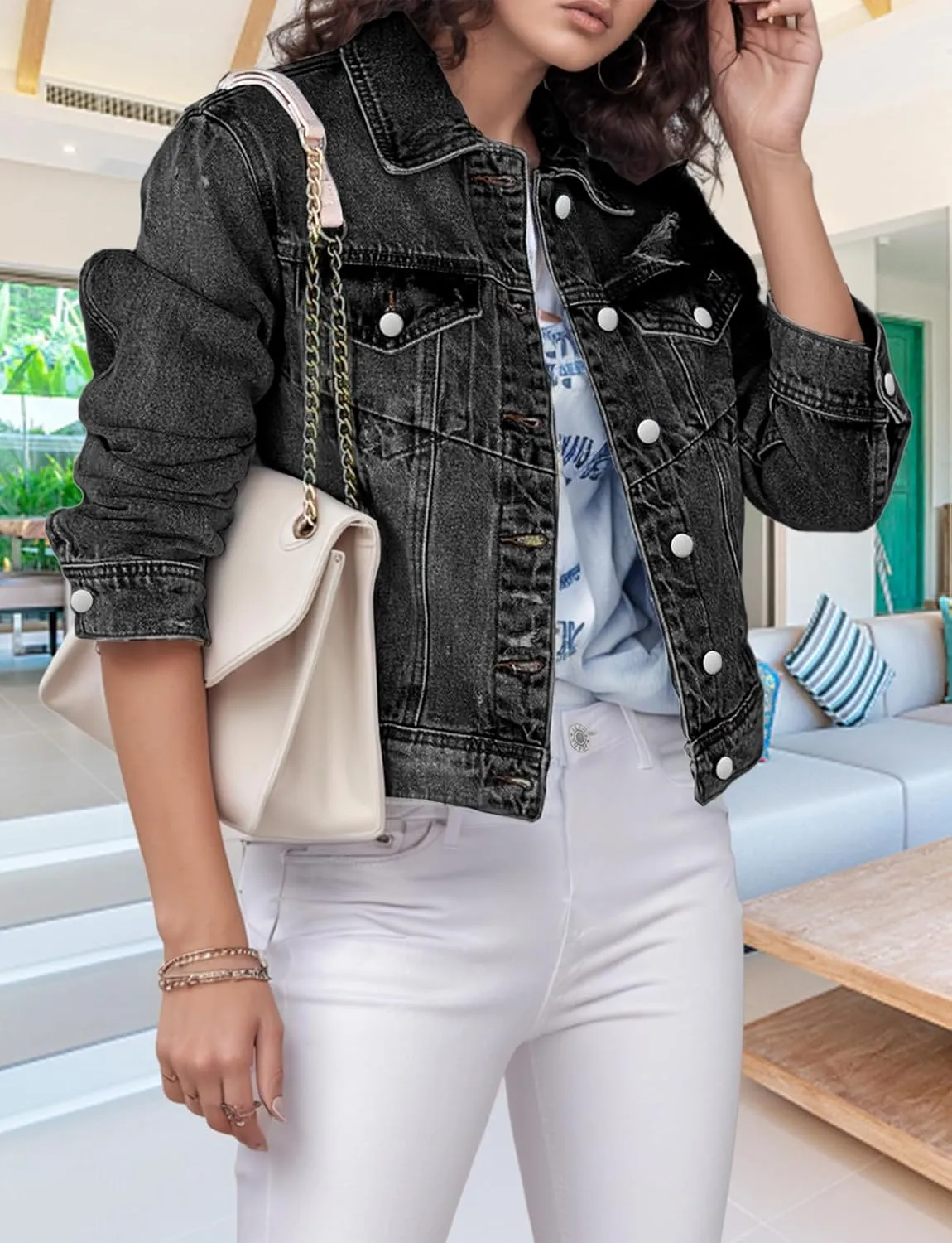 TodTan Jean Jacket Women Distressed Ripped - Casual Long Sleeve Fall Denim Jacket Coat