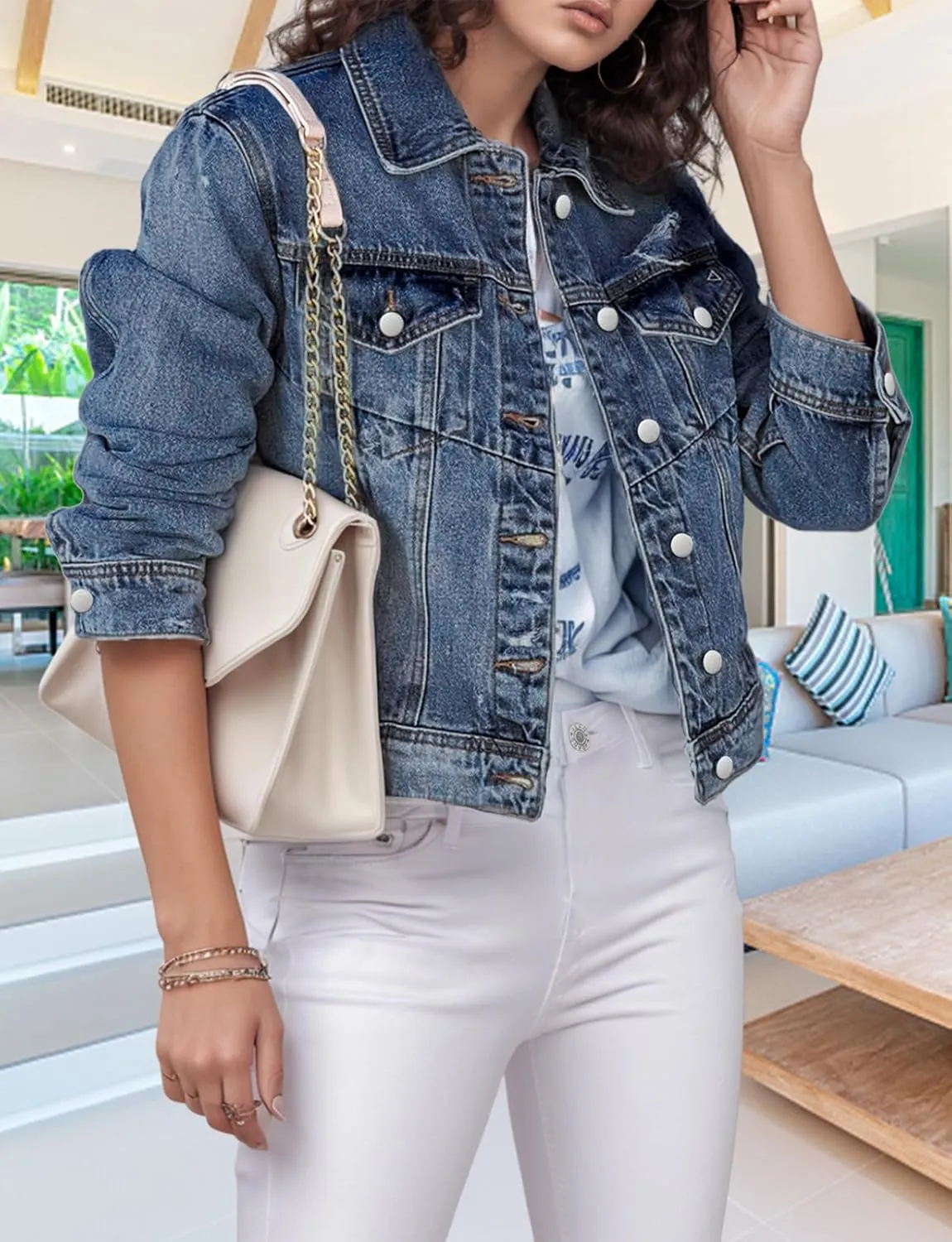 TodTan Jean Jacket Women Distressed Ripped - Casual Long Sleeve Fall Denim Jacket Coat