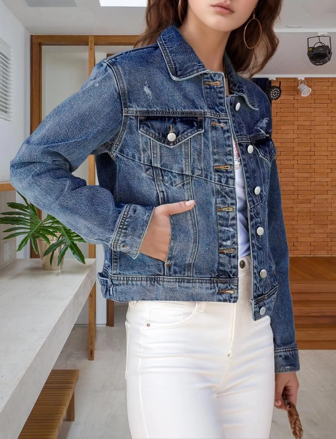 TodTan Jean Jacket Women Distressed Ripped - Casual Long Sleeve Fall Denim Jacket Coat