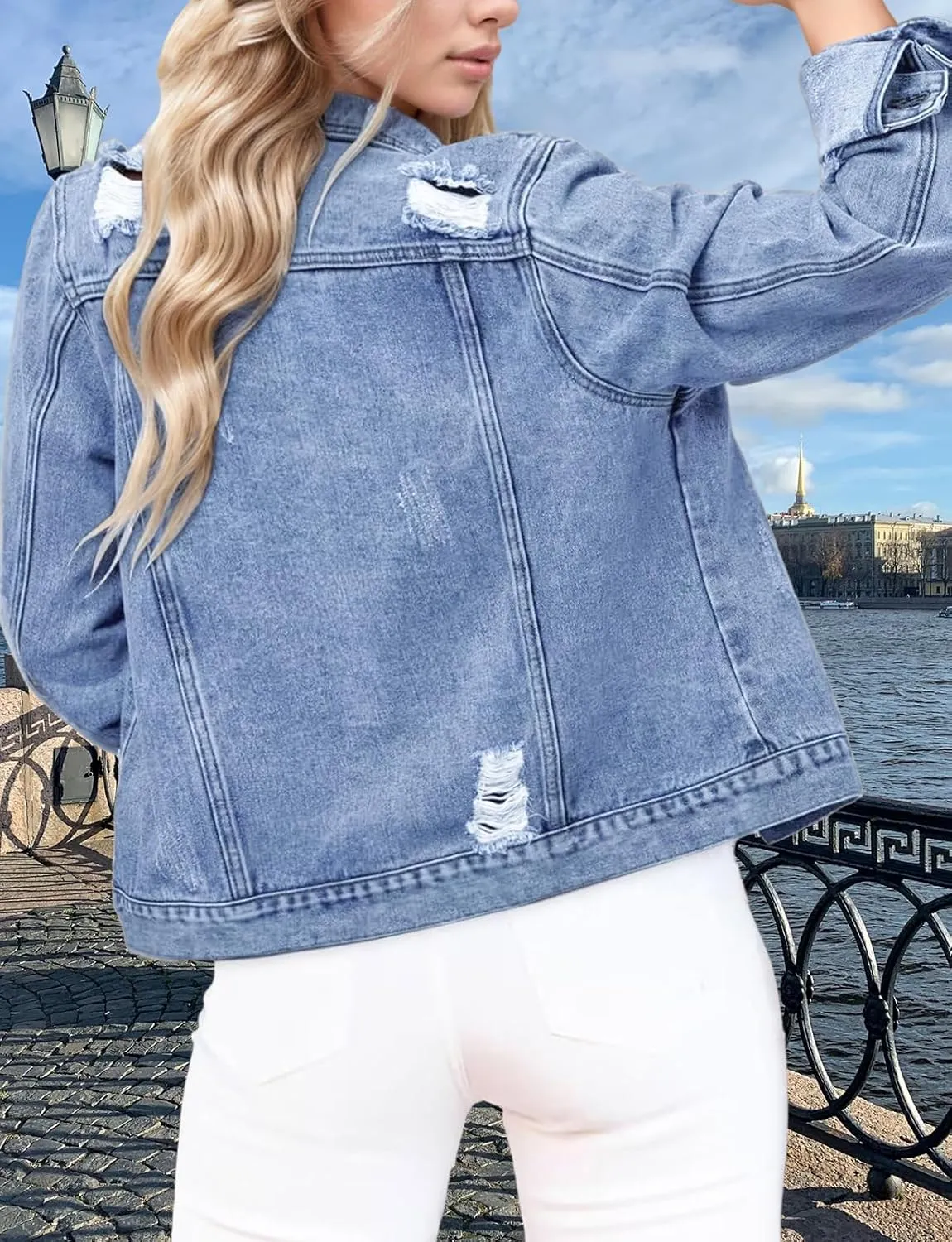TodTan Jean Jacket Women Distressed Ripped - Casual Long Sleeve Fall Denim Jacket Coat