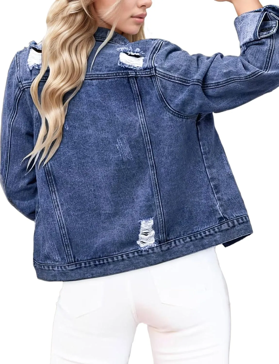 TodTan Jean Jacket Women Distressed Ripped - Casual Long Sleeve Fall Denim Jacket Coat