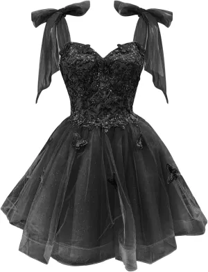 TRHTX Butterfly Applique Short Homecoming Dresses Tie Strap Cocktail Dresses Tulle A-line Prom Dress
