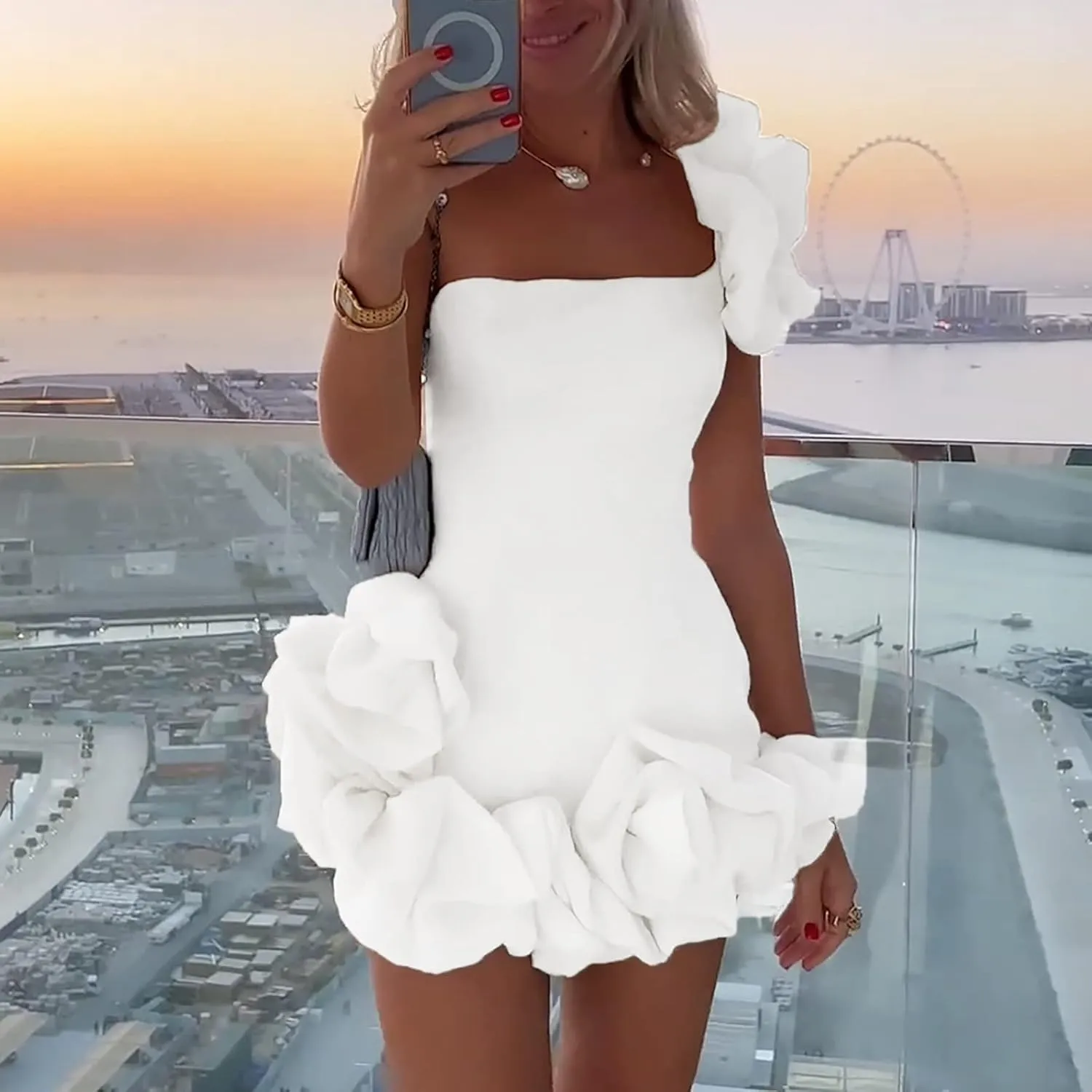 TUNUSKAT Womens Sexy One Shoulder Mini Cocktail Dresses Fashion Ruffle Bodycon Birthday Dresses Short Party Holiday Dress