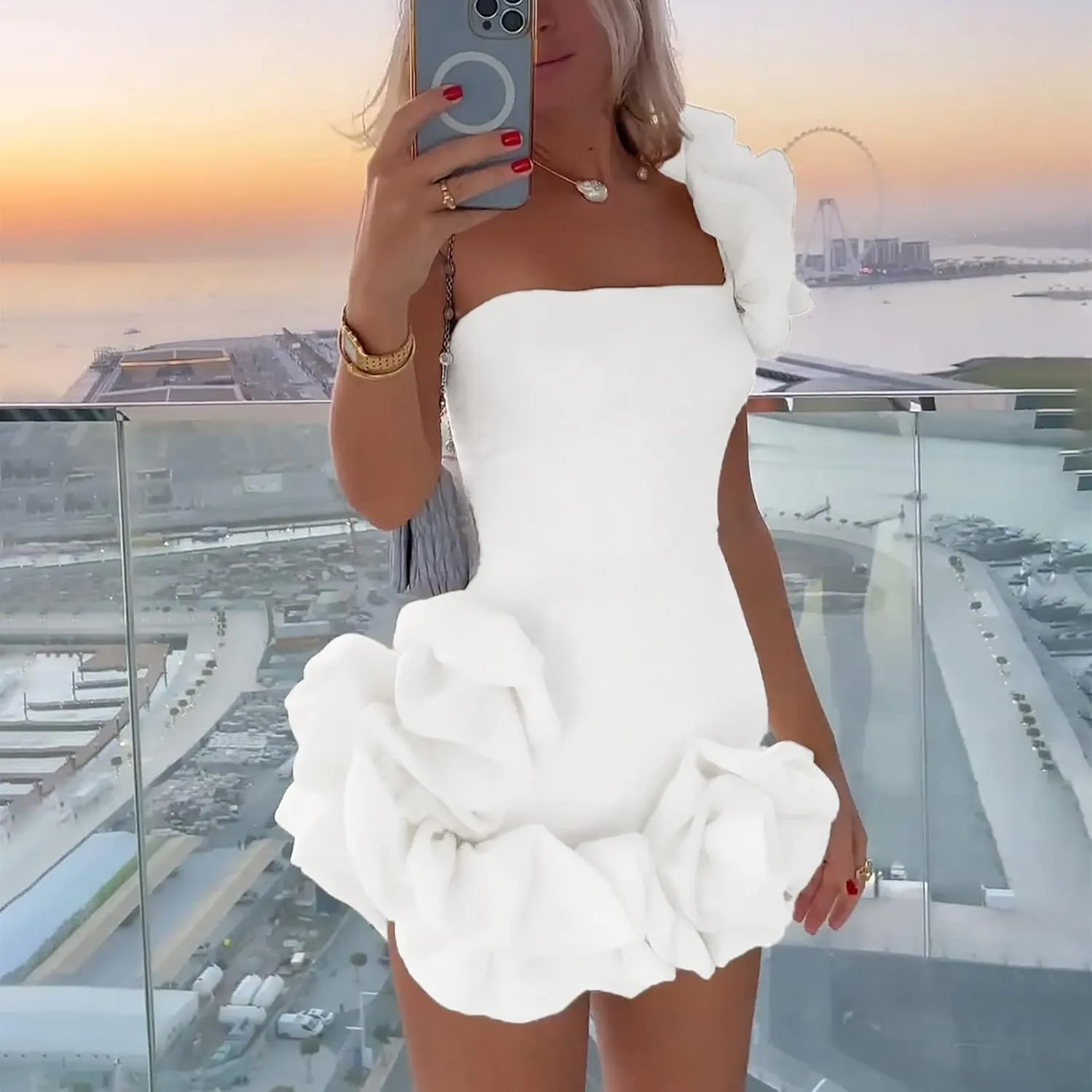 TUNUSKAT Womens Sexy One Shoulder Mini Cocktail Dresses Fashion Ruffle Bodycon Birthday Dresses Short Party Holiday Dress