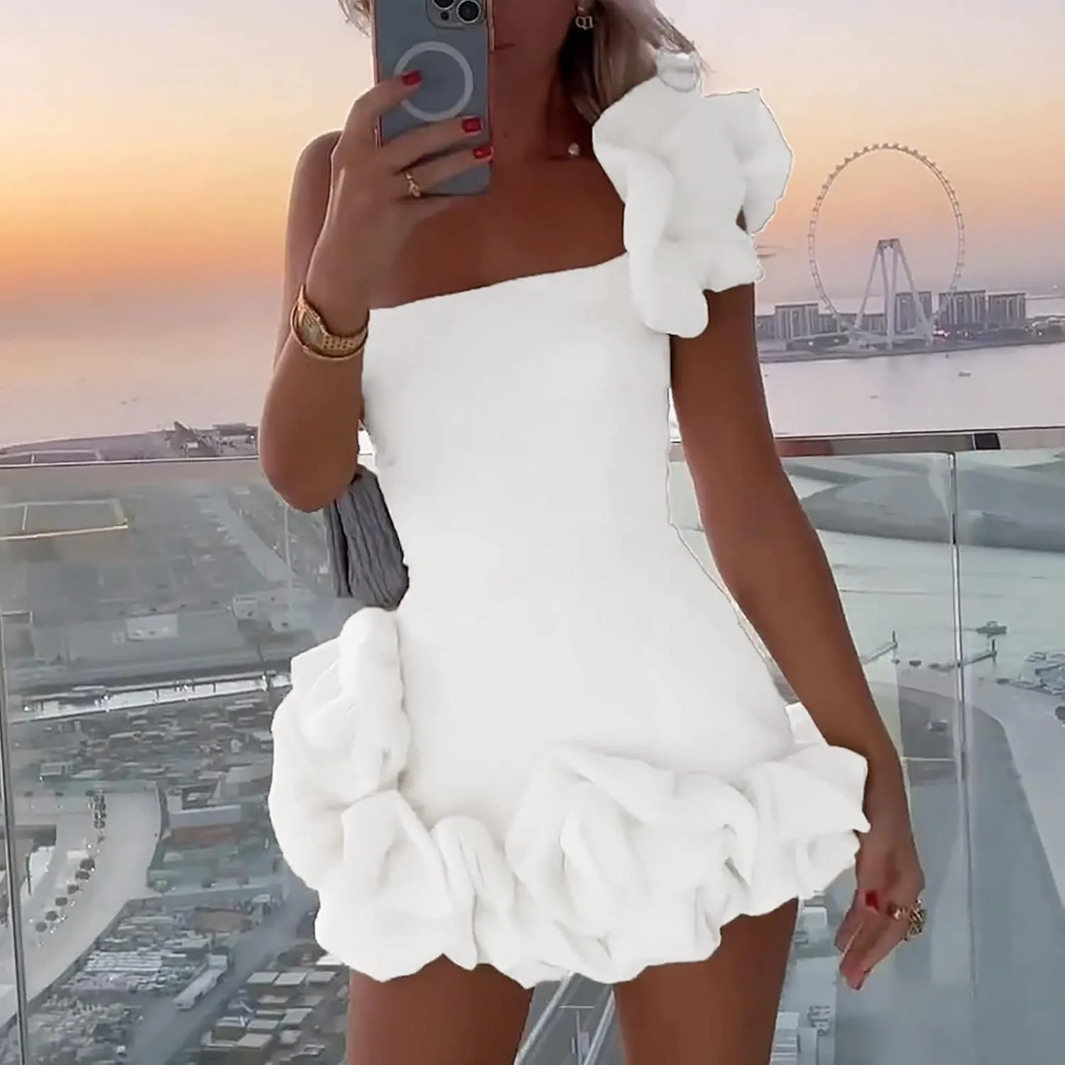 TUNUSKAT Womens Sexy One Shoulder Mini Cocktail Dresses Fashion Ruffle Bodycon Birthday Dresses Short Party Holiday Dress