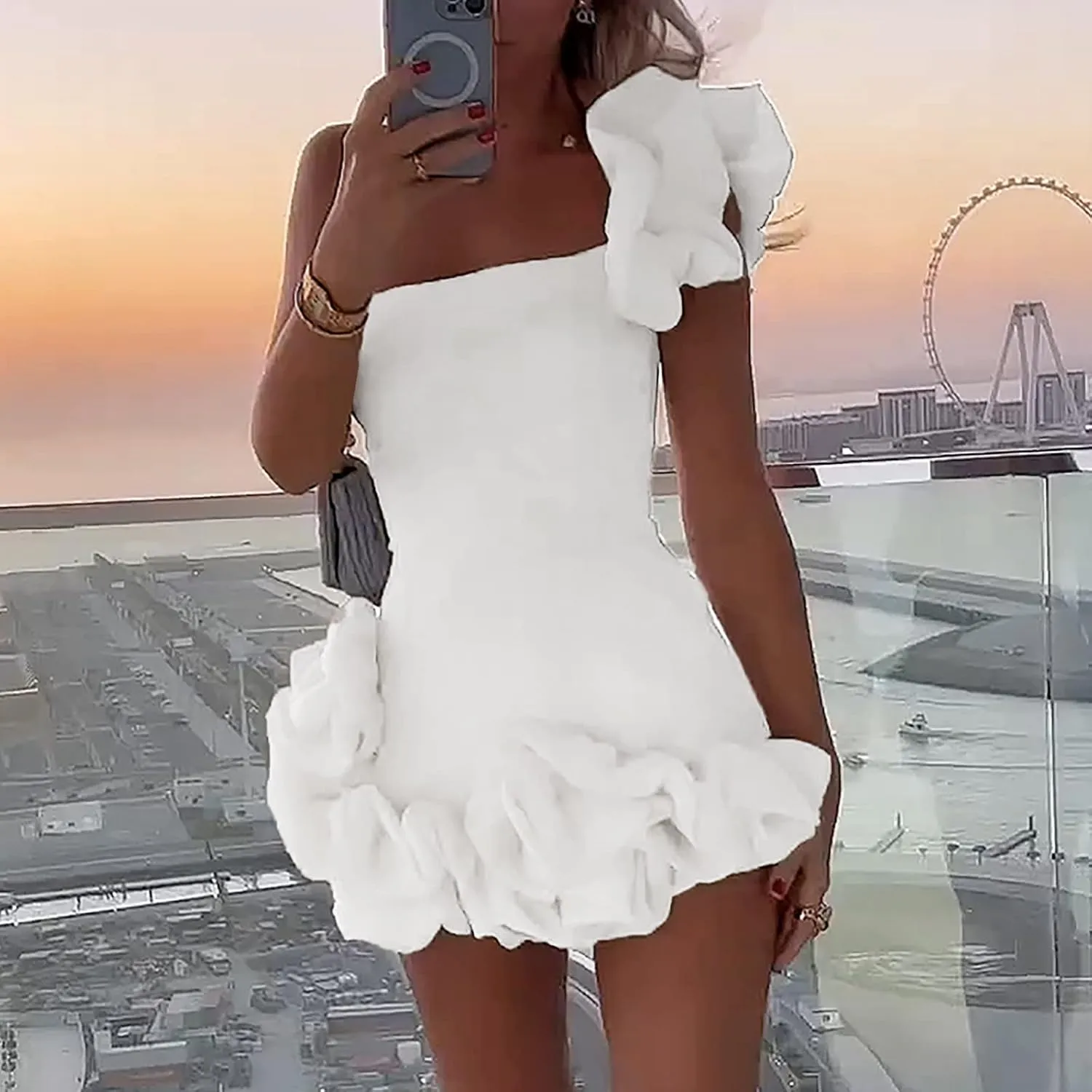 TUNUSKAT Womens Sexy One Shoulder Mini Cocktail Dresses Fashion Ruffle Bodycon Birthday Dresses Short Party Holiday Dress