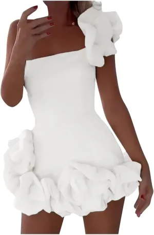 TUNUSKAT Womens Sexy One Shoulder Mini Cocktail Dresses Fashion Ruffle Bodycon Birthday Dresses Short Party Holiday Dress