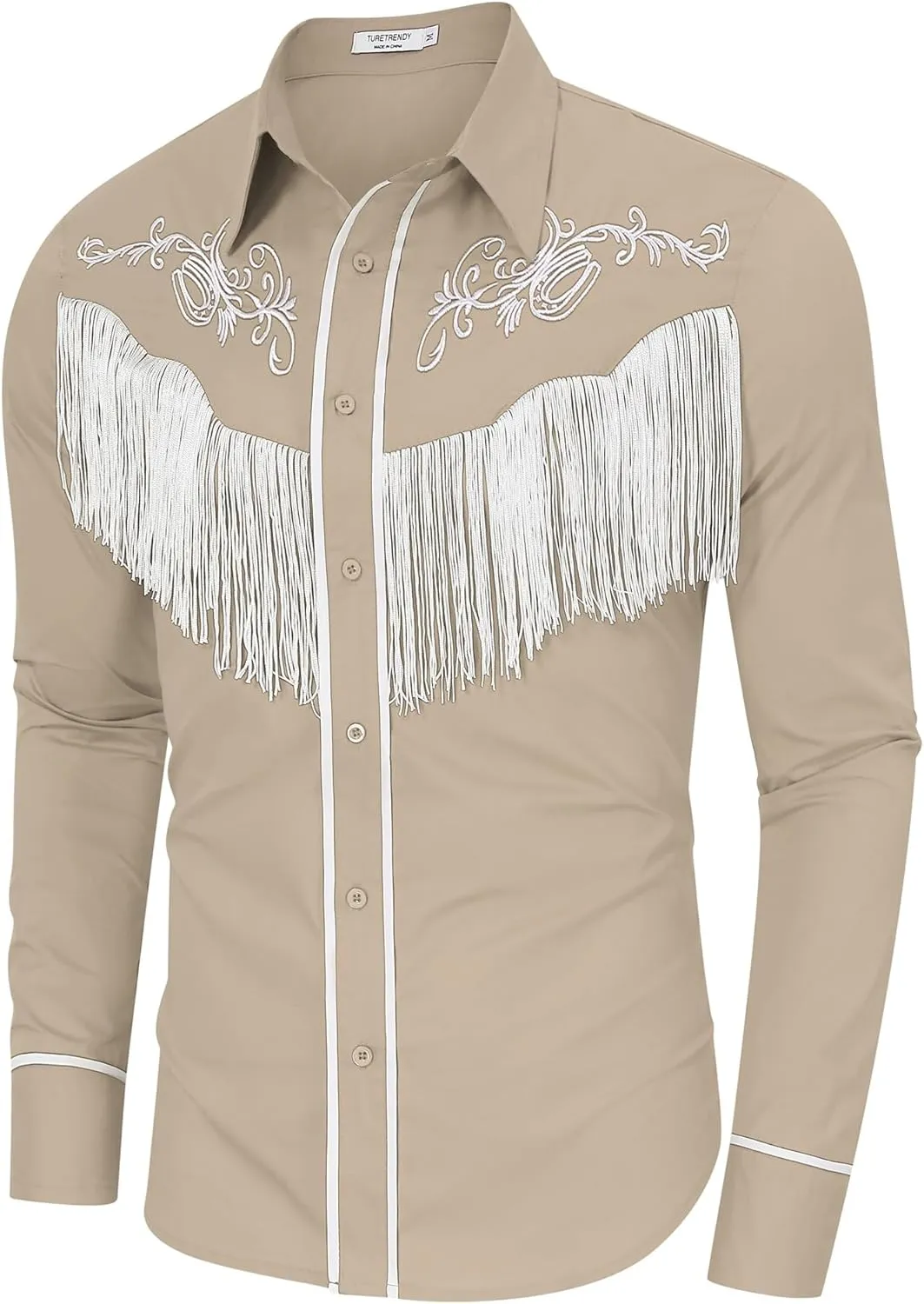 TURETRENDY Men's Western Cowboy Fringe Shirts Long Sleeve Embroidered Slim Fit Casual Button Down Shirts