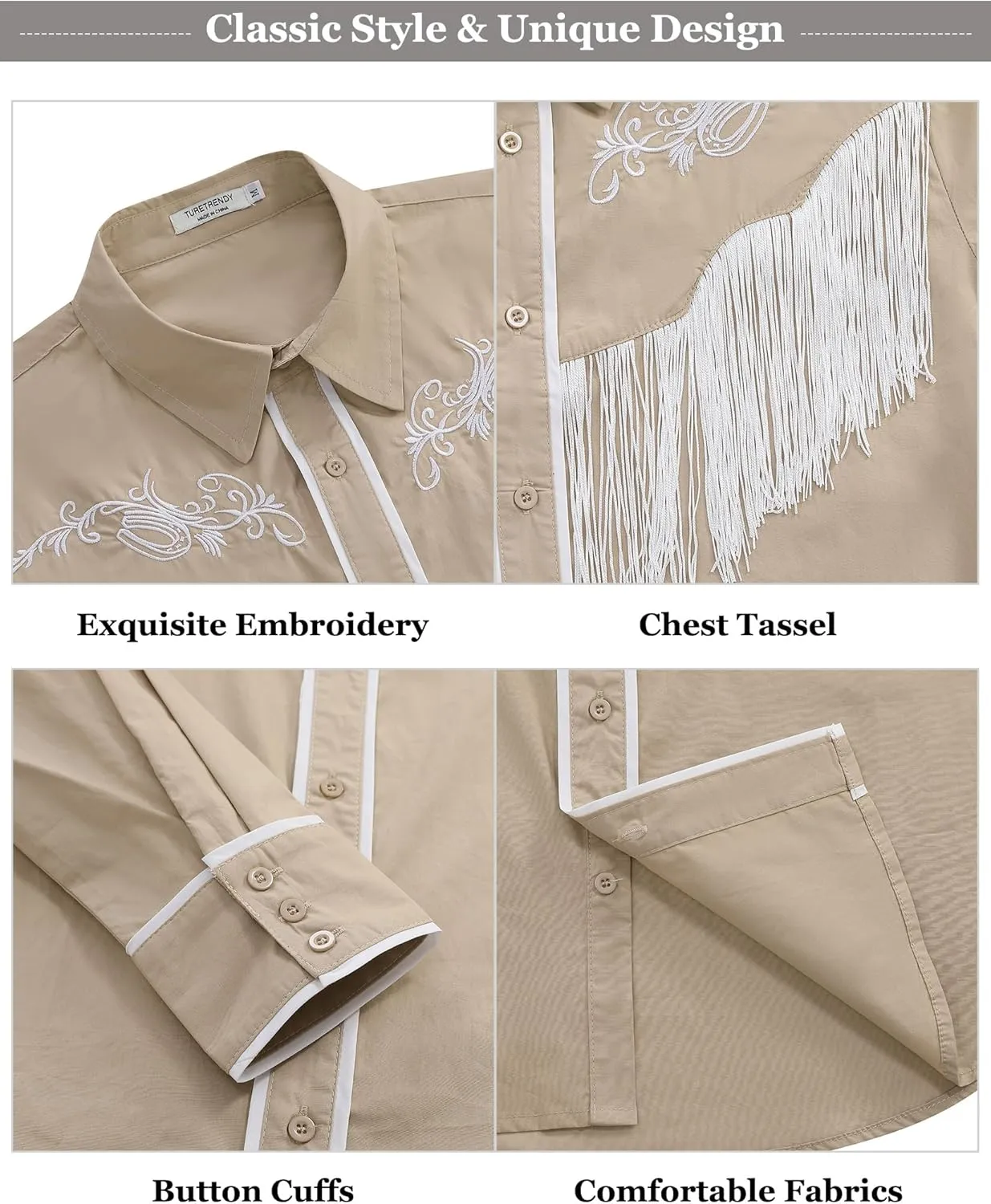 TURETRENDY Men's Western Cowboy Fringe Shirts Long Sleeve Embroidered Slim Fit Casual Button Down Shirts