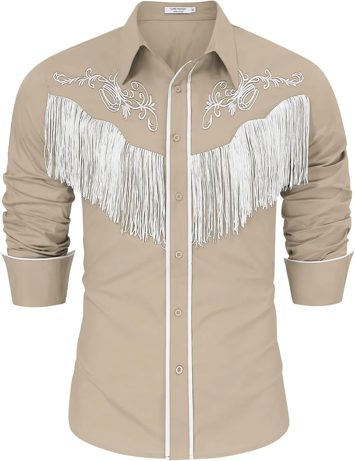 TURETRENDY Men's Western Cowboy Fringe Shirts Long Sleeve Embroidered Slim Fit Casual Button Down Shirts