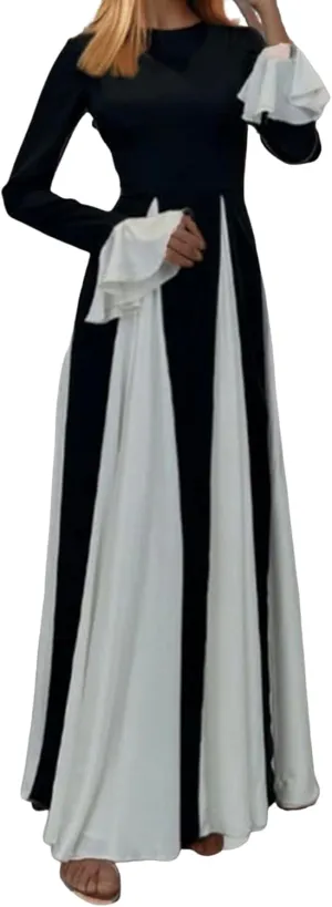 Unybwonn Wedding Guest Dresses for Women Elegant Patchwork Pleated Swing Long Dress Color Block Formal Flowy Maxi Dress