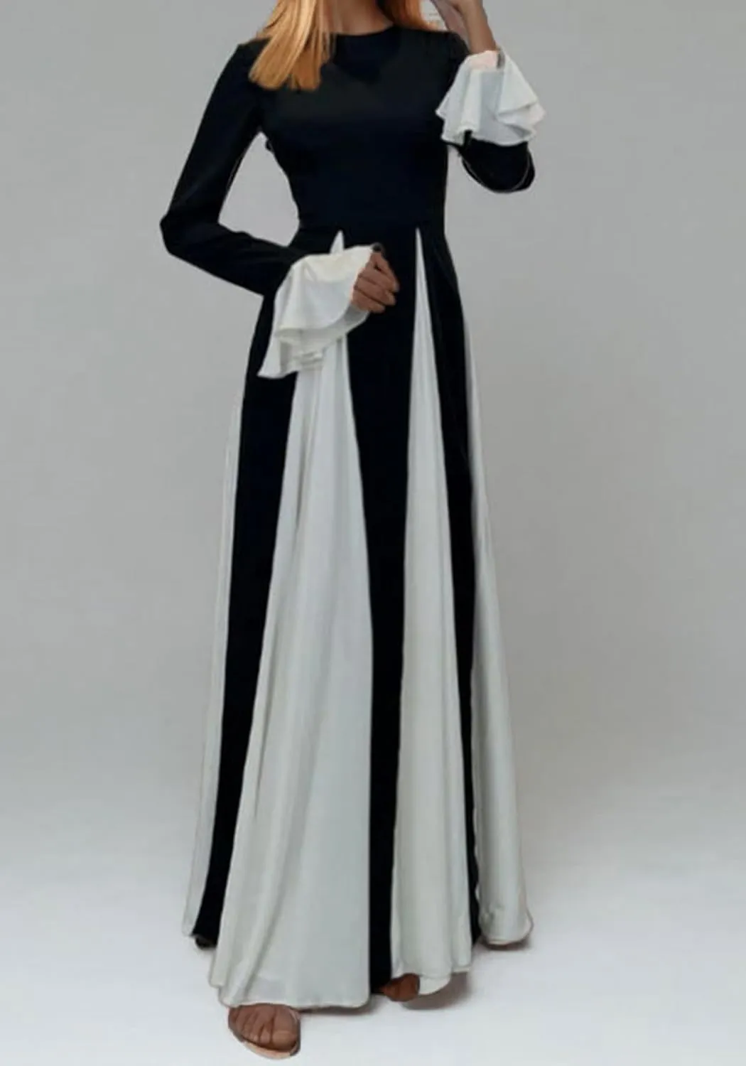 Unybwonn Wedding Guest Dresses for Women Elegant Patchwork Pleated Swing Long Dress Color Block Formal Flowy Maxi Dress