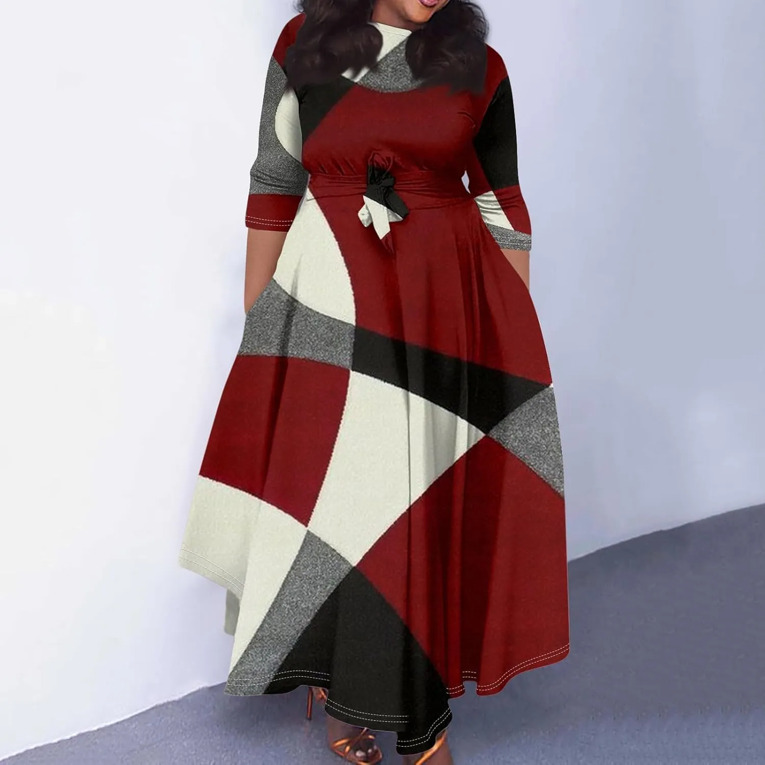 UQRZAU Women's Crew Neck Solid Color Plus Size Maxi Dresses 3/4 Sleeves High Waist Formal Swing Dress XL, 5XL