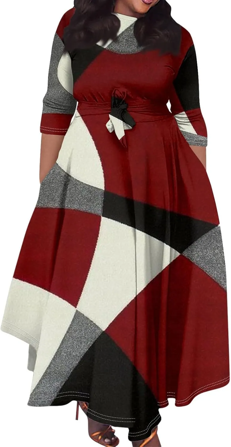 UQRZAU Women's Crew Neck Solid Color Plus Size Maxi Dresses 3/4 Sleeves High Waist Formal Swing Dress XL, 5XL