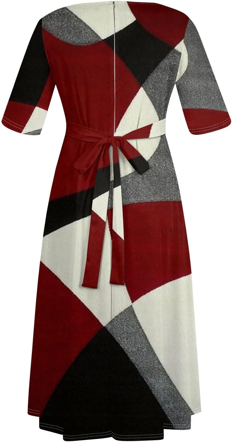 UQRZAU Women's Crew Neck Solid Color Plus Size Maxi Dresses 3/4 Sleeves High Waist Formal Swing Dress XL, 5XL