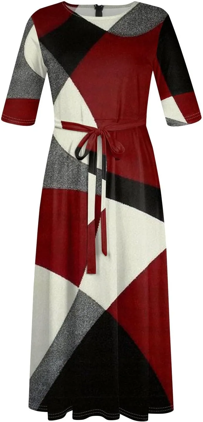 UQRZAU Women's Crew Neck Solid Color Plus Size Maxi Dresses 3/4 Sleeves High Waist Formal Swing Dress XL, 5XL