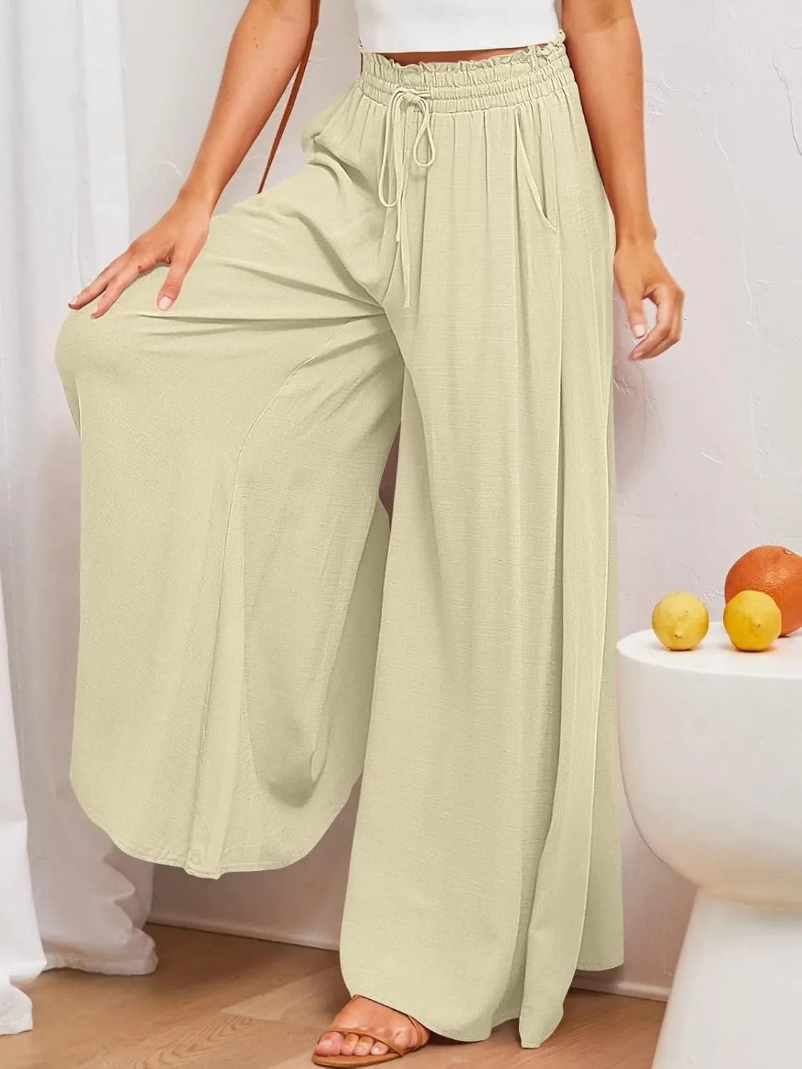utcoco Palazzo Pants for Women Casual Loose High Waisted Wide Leg Pants with Drawstring