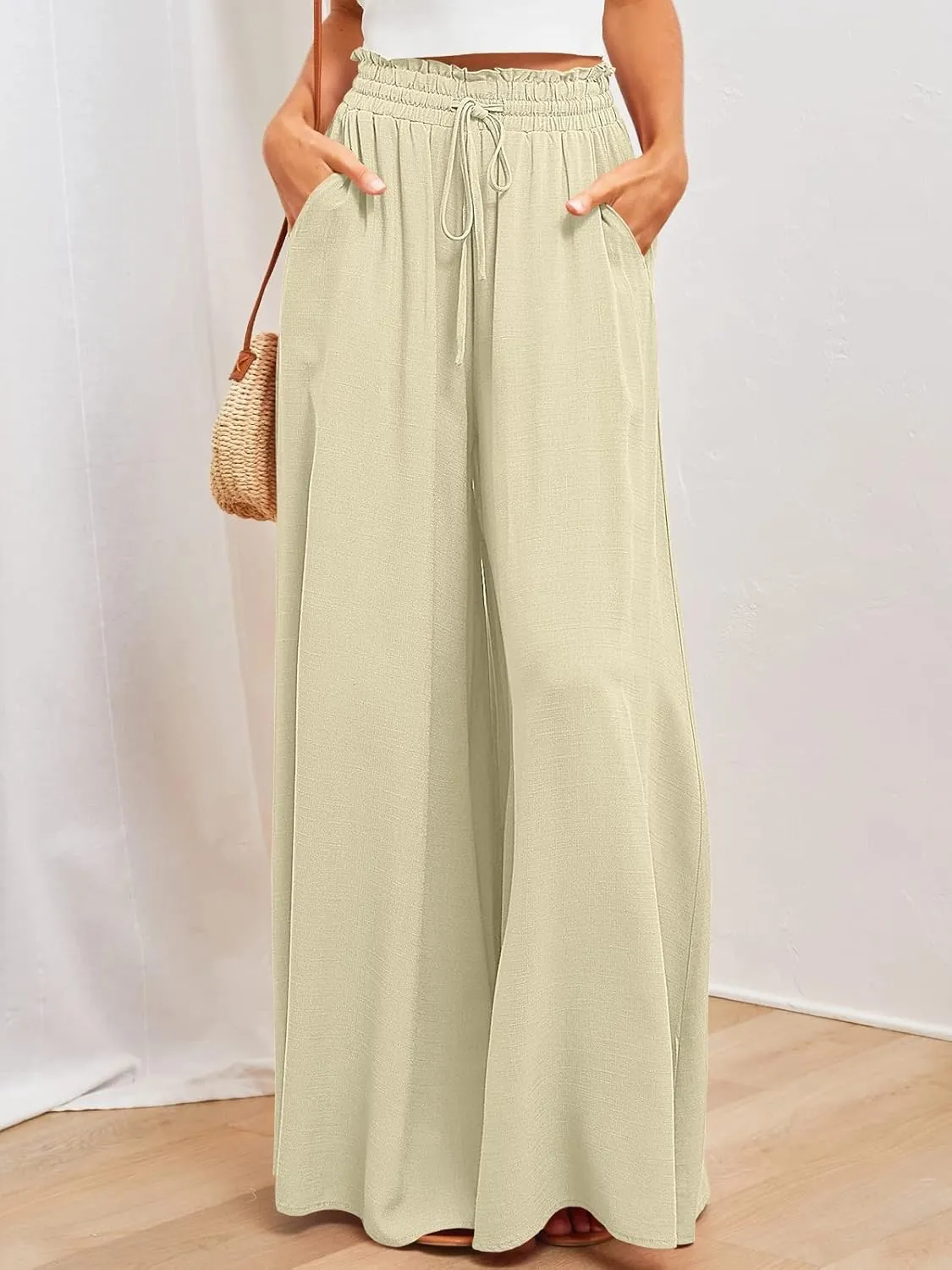 utcoco Palazzo Pants for Women Casual Loose High Waisted Wide Leg Pants with Drawstring