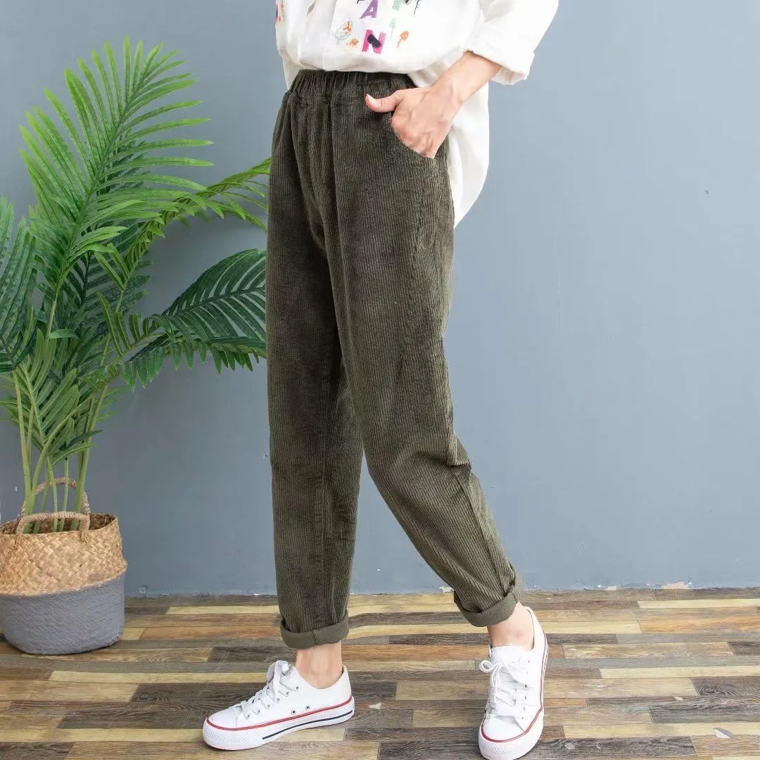 utcoco Womens Corduroy Pants Elastic High Waist Pull On Straight Leg Slacks Casual Fall Winter Trousers with Pockets
