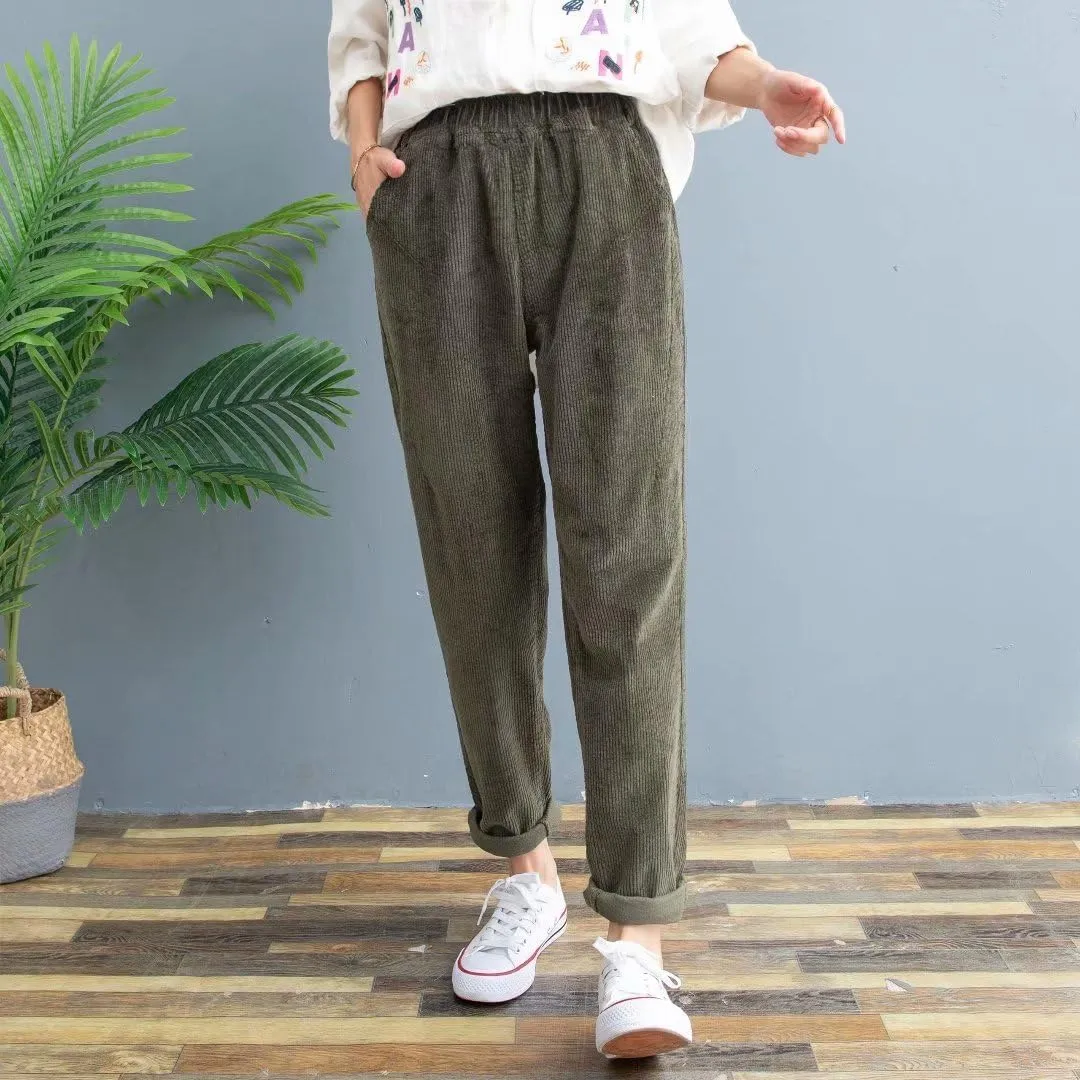 utcoco Womens Corduroy Pants Elastic High Waist Pull On Straight Leg Slacks Casual Fall Winter Trousers with Pockets