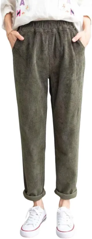 utcoco Womens Corduroy Pants Elastic High Waist Pull On Straight Leg Slacks Casual Fall Winter Trousers with Pockets