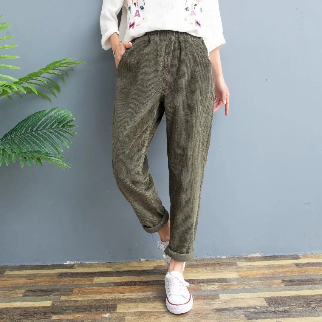utcoco Womens Corduroy Pants Elastic High Waist Pull On Straight Leg Slacks Casual Fall Winter Trousers with Pockets