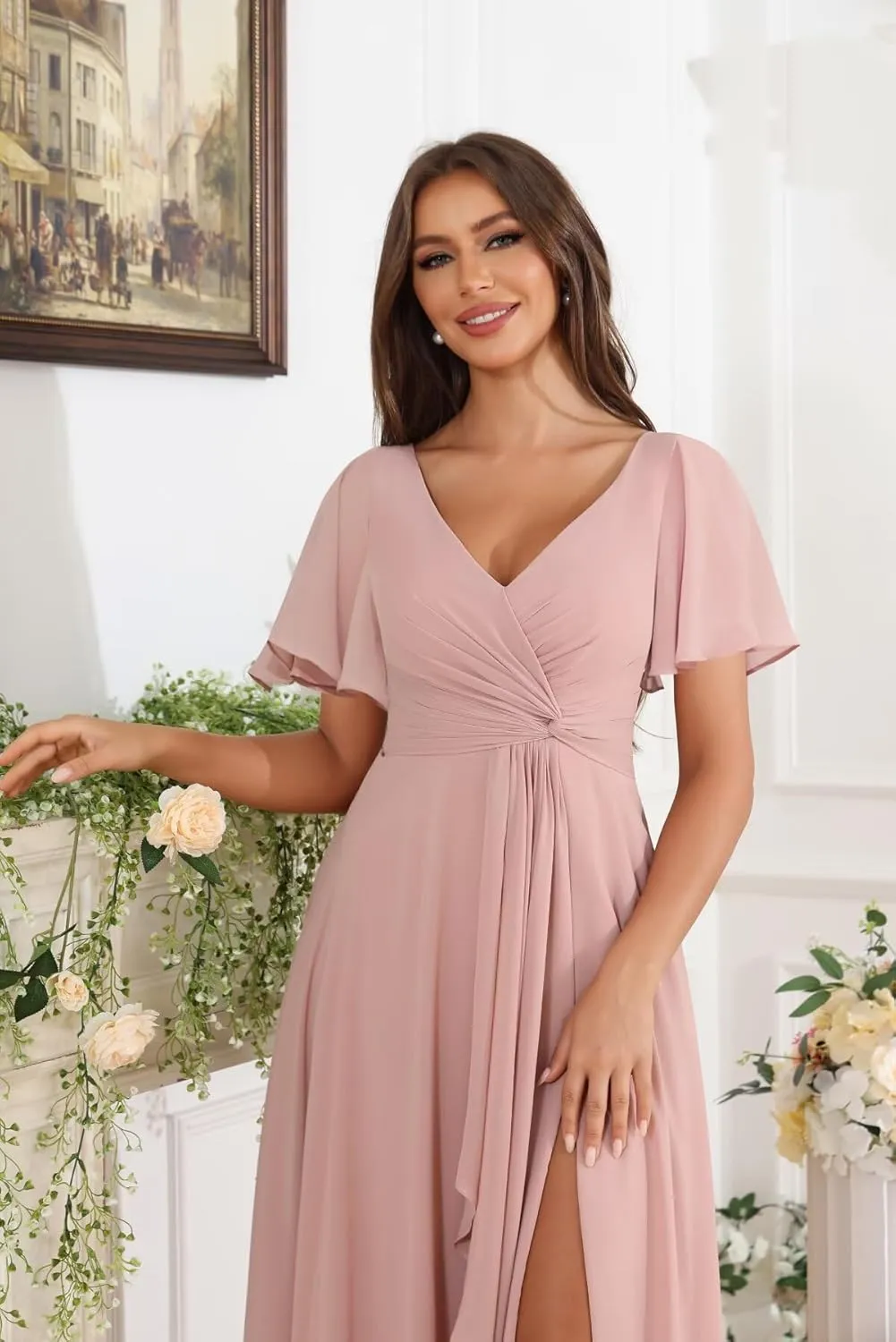 V Neck Bridesmaid Dresses Long Pleated Chiffon Flutter Sleeve Formal Evening Gown with Slit