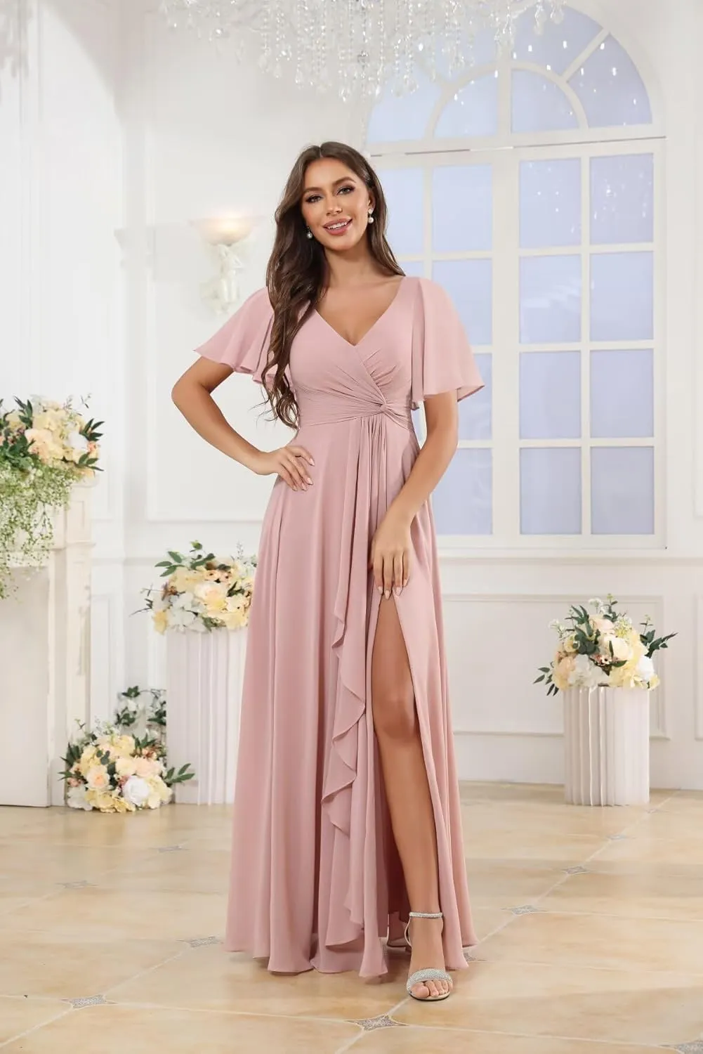 V Neck Bridesmaid Dresses Long Pleated Chiffon Flutter Sleeve Formal Evening Gown with Slit