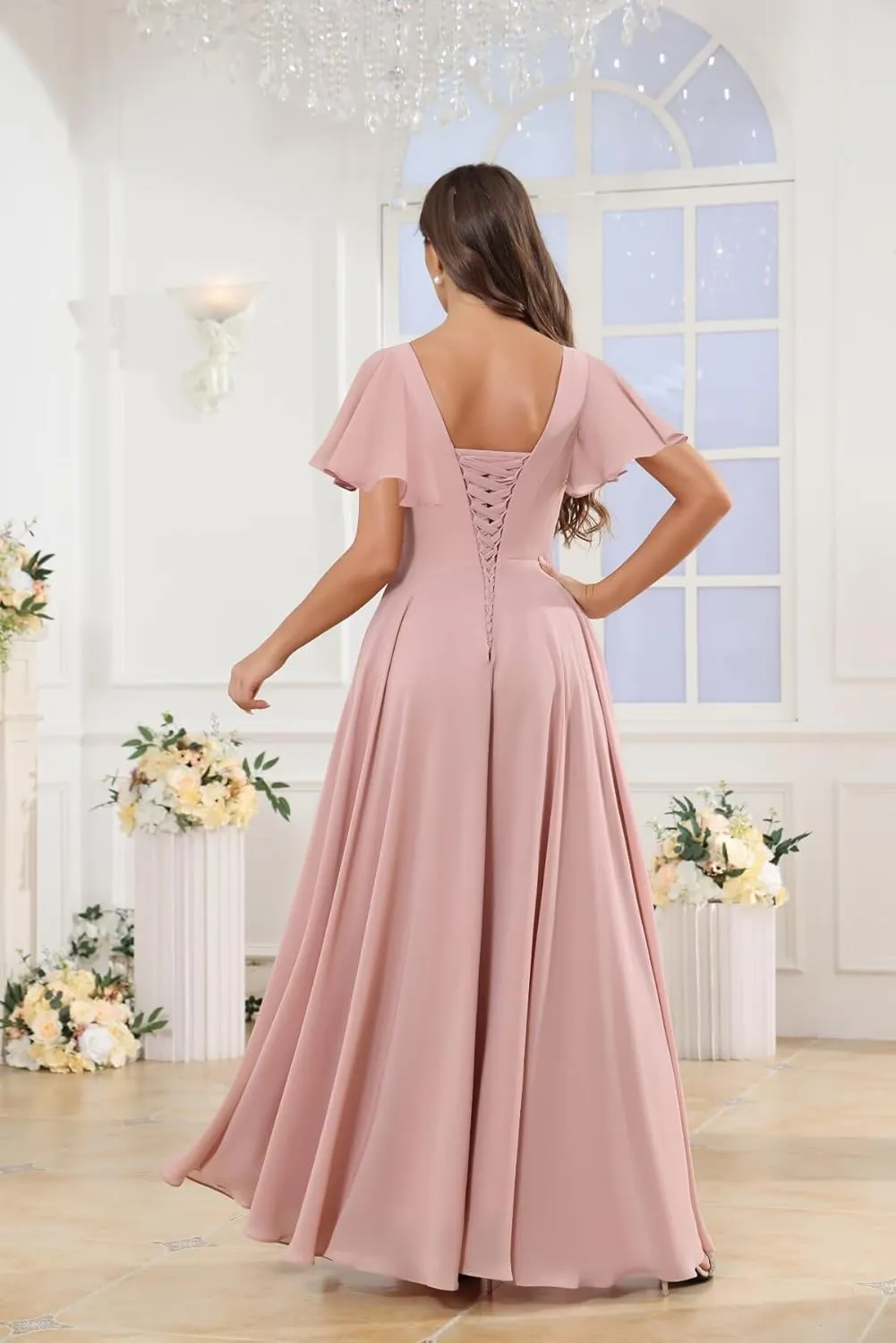 V Neck Bridesmaid Dresses Long Pleated Chiffon Flutter Sleeve Formal Evening Gown with Slit