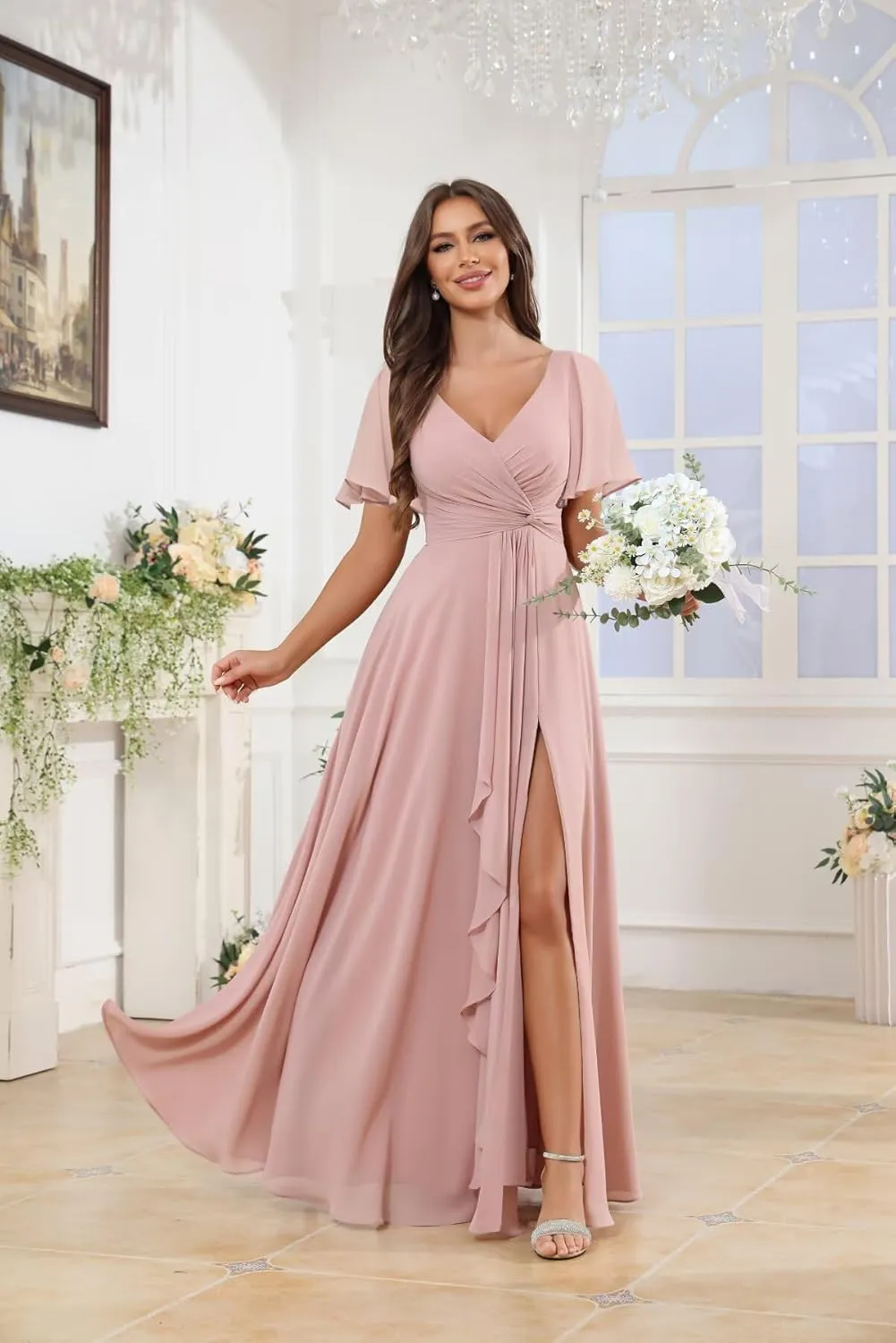 V Neck Bridesmaid Dresses Long Pleated Chiffon Flutter Sleeve Formal Evening Gown with Slit