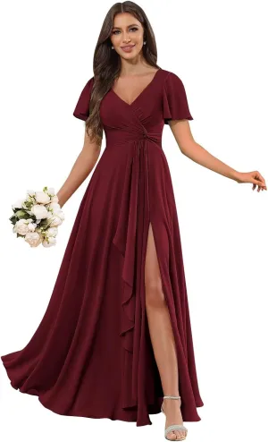 V Neck Bridesmaid Dresses Long Pleated Chiffon Flutter Sleeve Formal Evening Gown with Slit