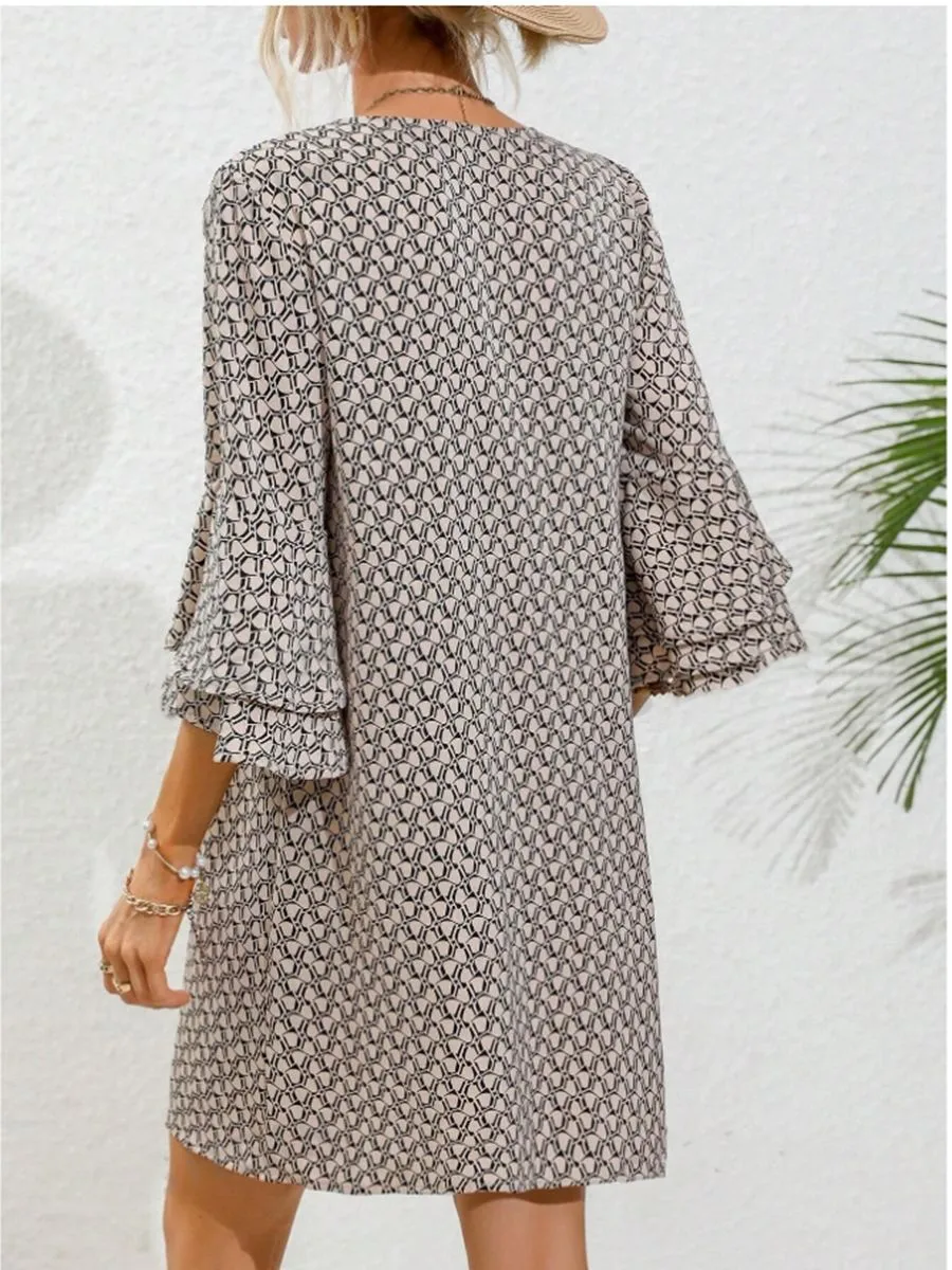 V-Neck Flared Three-Quarter Sleeve Short Dress